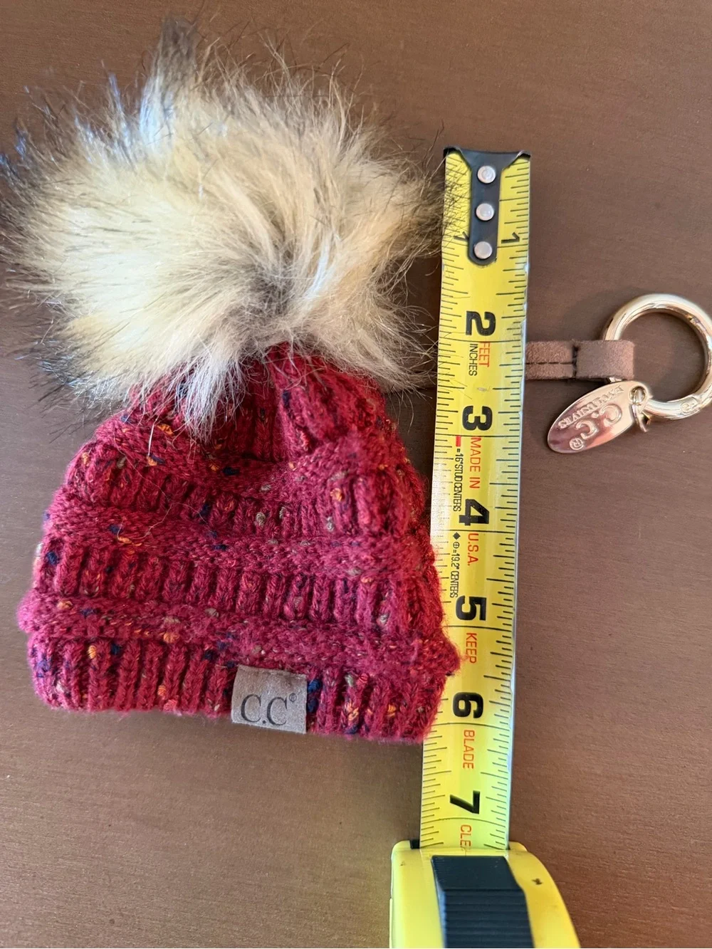 C.C Red Knit Pom Keychain with Faux Fur Pom
